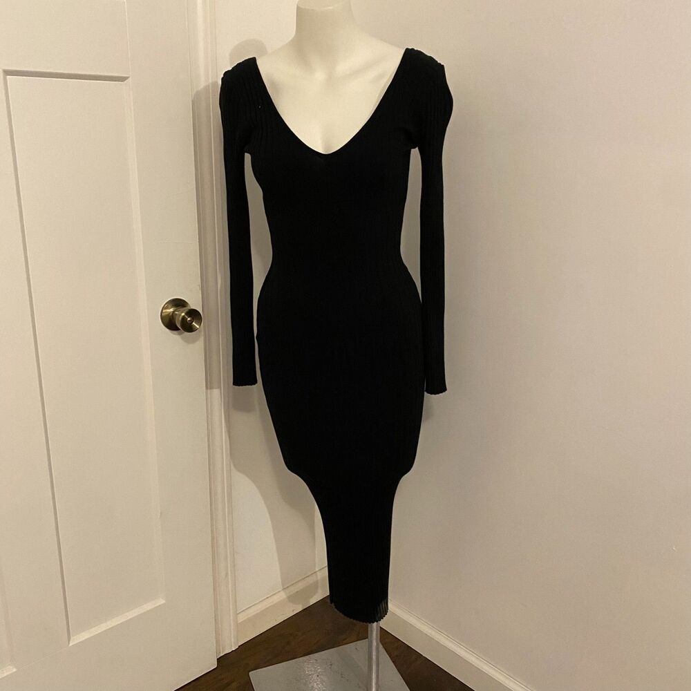 Neutral Black Ribbed Stretch Bodycon Wide Neck V Neck Long Midi Dress